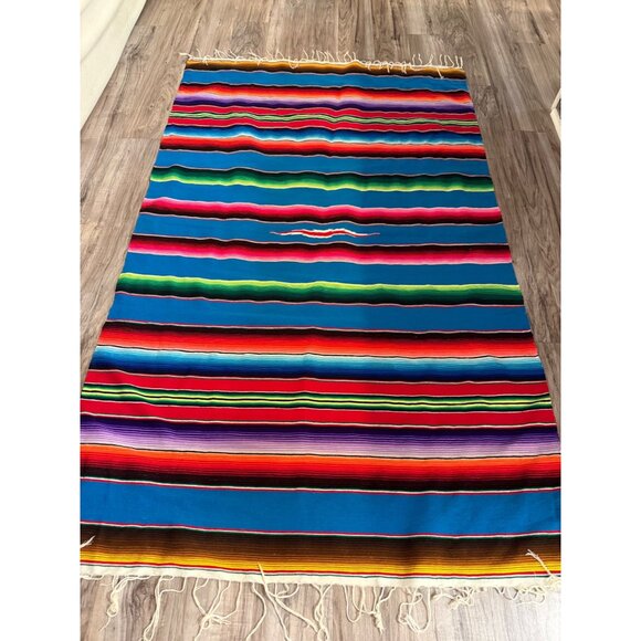 VTG Rainbow Saltillo Serape Hand Woven Wool Mexican Blanket Fringe wheelchair - Picture 6 of 10